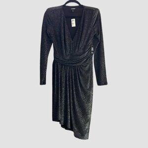 NWT ♡ Express ♡ Black / Silver Cocktail Party Dress w Faux Wrap & Angled Skirt